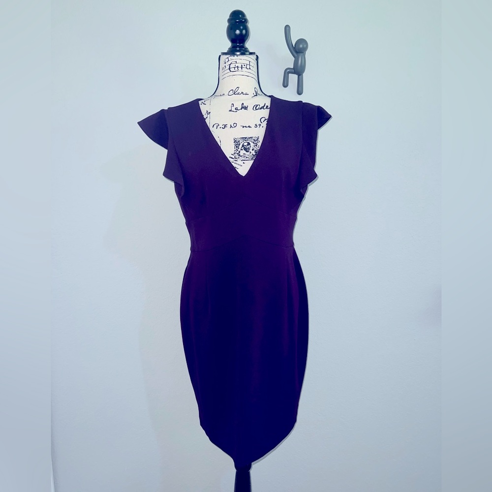 DKNY Women’s Purple Ruffled Cap Sleeve V Neck Short Sheath Party Dress